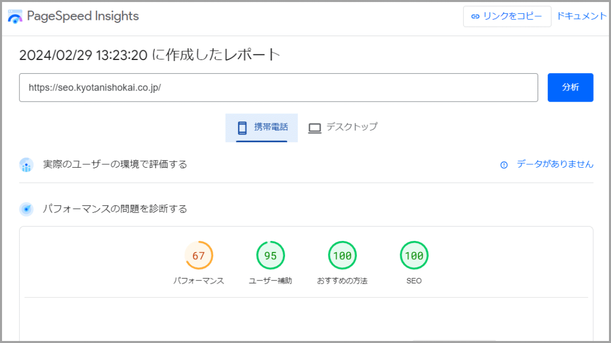 PageSpeedInsight測定結果表示
